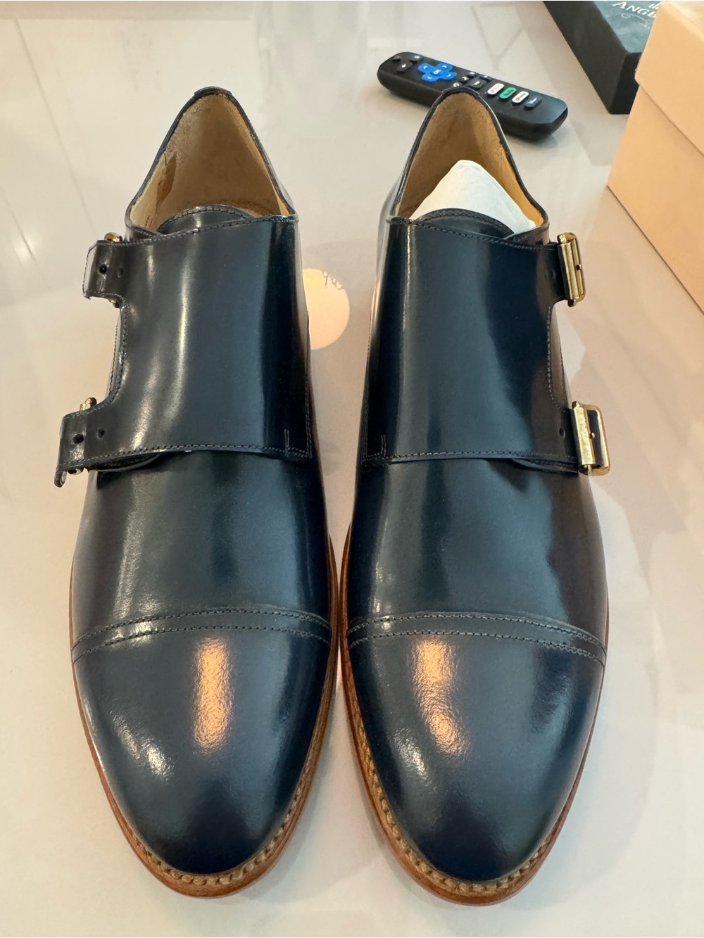 Navy Blue Double Monk Strap Leather Dress Shoes - 42, Office of Angela Scott